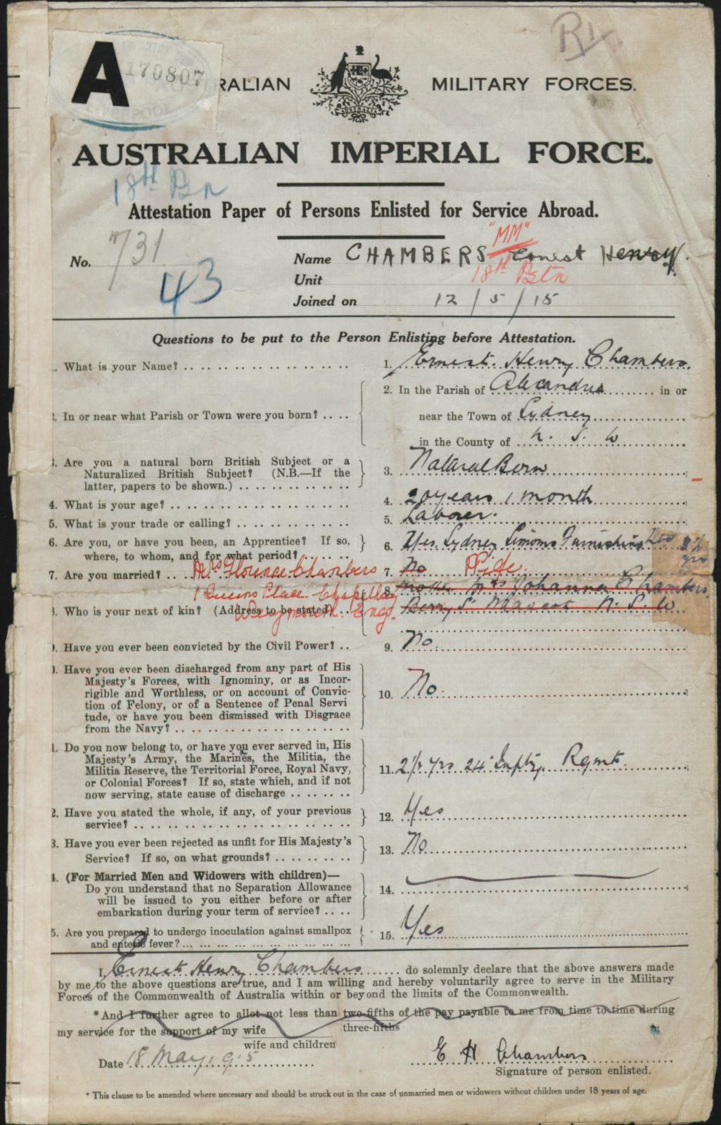 Ernest Chambers Enlisting 1